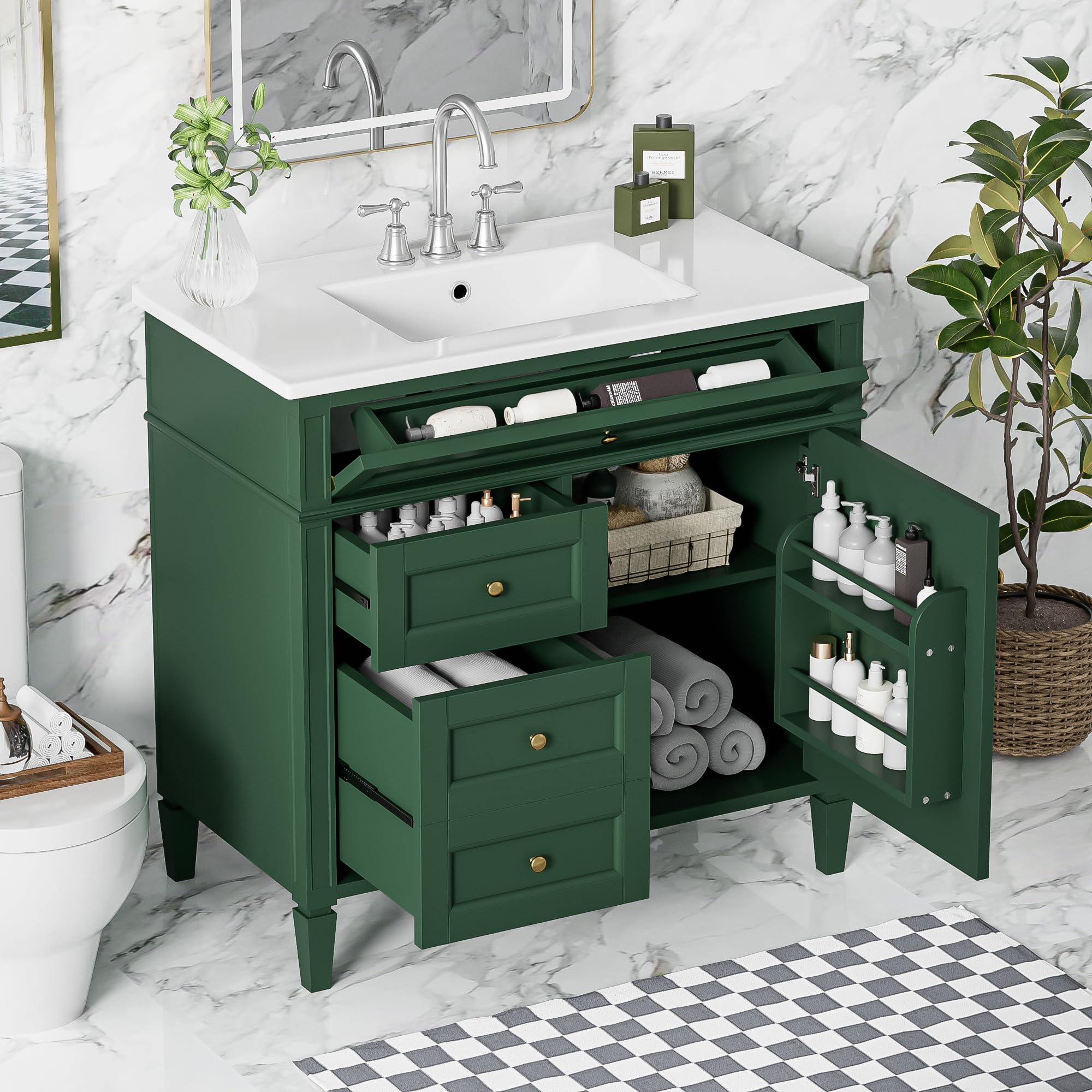 Drawer サロペット 38 ミントグリーン Amazon.com: Merax 36 Inch Bathroom Vanity Combo, Solid Wood Frame